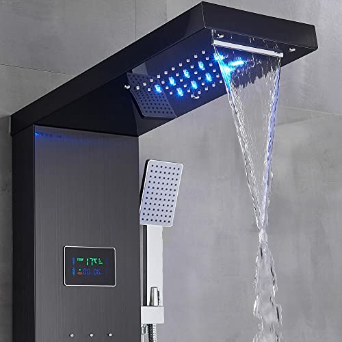Sistema de Torre de Ducha de Acero Inoxidable con LED, Resistente al Agua y Boquillas de Masaje de Cascada - Negro miniatura 7