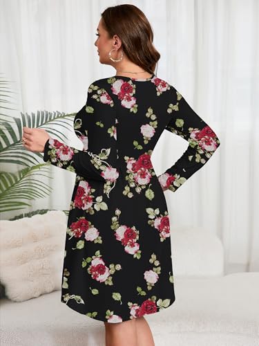 Image of AusLook Women's Plus Size Long Sleeve Midi Dress Casual Empire Waist Loose Flowy Dresses A-Line Boho Long Dress with Pockets