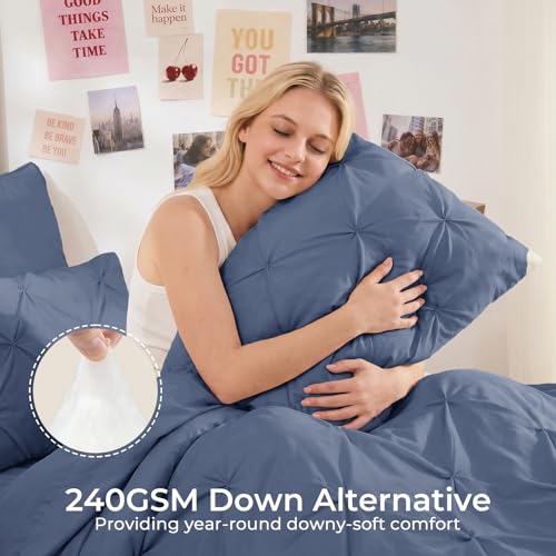 Image of Sasttie Twin XL Comforter Set, 5-Piece Bed in a Bag, Pintuck Bedding Sets for All Season, Includes Comforter, Flat Sheet, Fitted Sheet, Pillowcase and Pillowsham, Indigo Blue