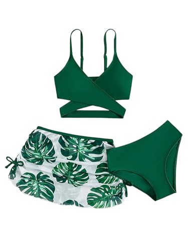 Image of Girl's 3 Piece Set Leaf Print Criss Cross Bikini Sets Bathing Suit Green 110