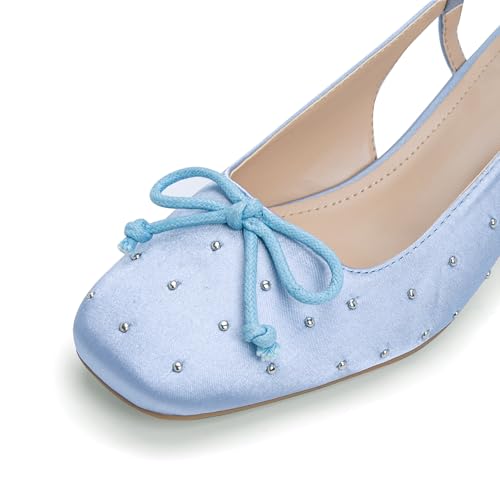Blue Slingback Ballet Heels Pumps with Bow Studded Square Closed Toe Ballerina Low Block Chunky Heel for Women Silk Dress Shoes Satin Size 7.5 by Lhamo Latso - Used condition - Image 5