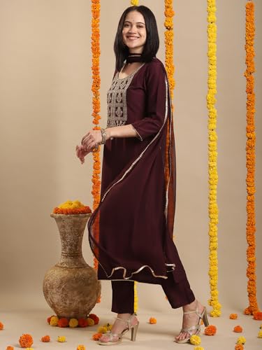 Image of GoSriKi Women's Rayon Viscose Embroidered Straight Kurta with Pant & Dupatta