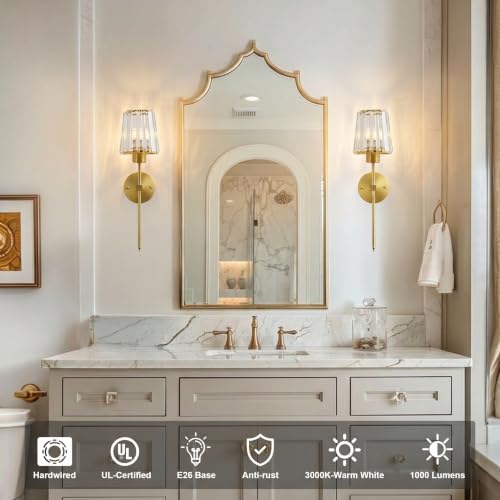 Image of KARTOOSH Hardwired Crystal Wall Sconces Set of 2 | 20.1 Inch Brass Conical Crystal Wall Lights Dimmable 3000K Warm White Wall Lamps for Hallway, Bathroom, Living Room, Bedroom