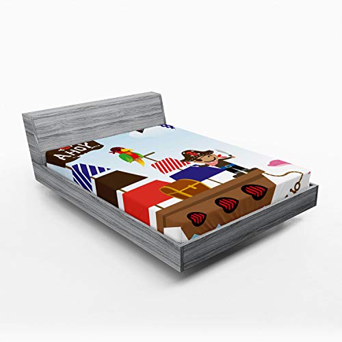 Ambesonne Reveal Party Fitted Sheet, Pirate Treasure Chest Ship on Ocean Background Illustration Cartoon Ahoy, Soft Decorative Fabric Bedding All-Round Elastic Pocket, Queen Size, Blue Brown