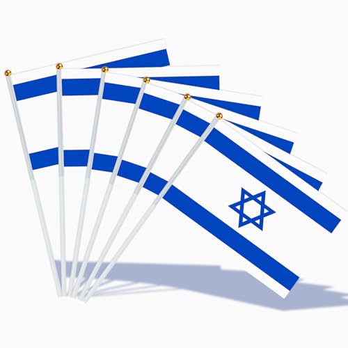 AhfuLife 15pcs Israel Flags on Sticks for Party Decorations 14 x 21cm Hand Held Israelis Small Flags with 30cm White Pole for National Day World Cup Football Sports Event Garden Street Decorations