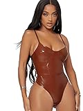 MakeMeChic Women's Faux PU Leather Sleeveless Spaghetti Strap Cami Bodysuit Top Brown L