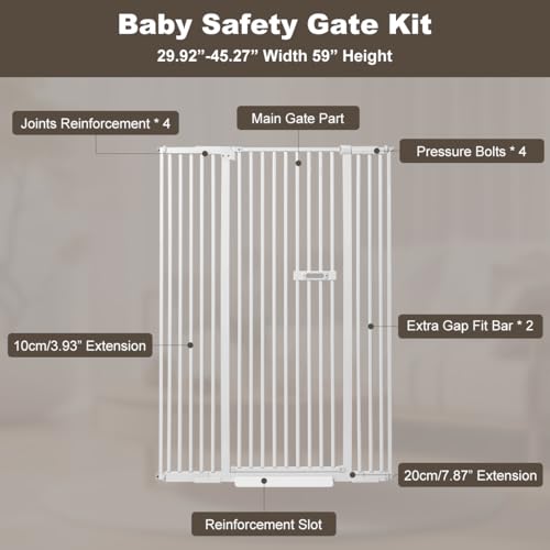 59" Extra Tall Cat Gate 2024 Easy Opening Auto Close Gate for Door Way, 30"-45" Extra Wide Pet Gate with 4" and 7.85" Extension Kits, Pressure Mount Kit Gate, White