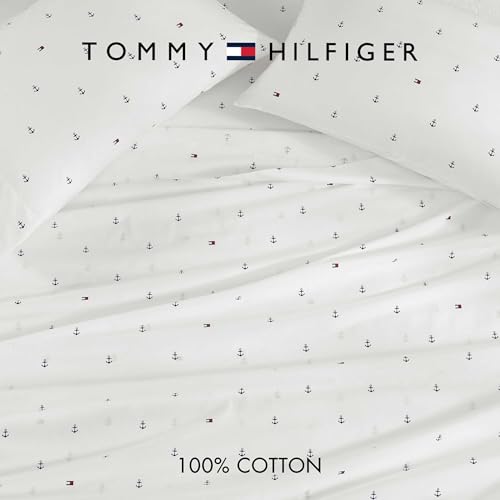 Image of Tommy Hilfiger - King Size Sheet Set, Soft Cotton Percale Bedding with Crisp Cooling Comfort, Deep Pocket Fitted Sheet with Matching Pillowcases, Americana Decor (Nautical Anchor Dark Blue)