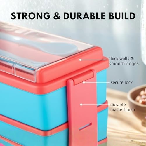Image of 3 Section Lunch Box with Small Spoon & Fork - Leak Resistant Compartment Meal Box for Kids & Adults, Reusable Food Storage Container for School, Office & Travel (Sky Blue & Pink)