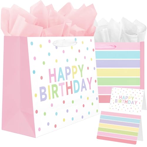 Laidans 2-Pack 13" Large Happy Birthday Gift Bags Party with Tissue Paper, Cards for Girls Women Birthday Party Favors Wrap