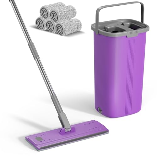 Eukue Mopa esfregona, conjunto de esfregona e balde, toalhas de limpeza de pisos com 5 almofadas, roupa com esfrega com balde de escoador para lavagem de pisos secos e húmidos, roxo