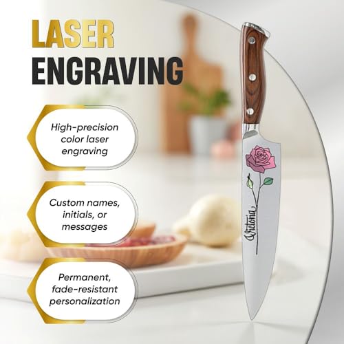 Image of Color Laser Engrave Custom Personalized Chef Knife with Blade Cover and Velvety Red Interior Box Premium Stainless Steel - Personalized for Wife, Mother, Friend with a Rose Design (Design#2)