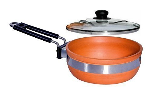 PALVIT CLAY ART GALLERY (P.C.A.G) Clay Fry Pan with Glass Lid, Brown