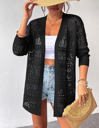 Image of Zeagoo Womens 2026 Summer Crochet Cardigan Sweaters Lightweight Long Sleeve Open Front Kimono Boho Knit Cover Ups
