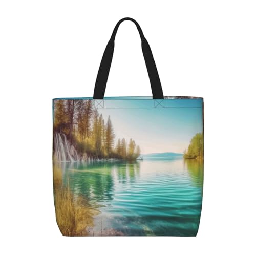 Clean Water and Lake Landscape Tote Bag for Women, Zipper Casual Tote's Handbag for Travel, Work, Lightweight Laptop Bags Big Capacity Shoulder Bag Reusable Grocery Shopping Bags