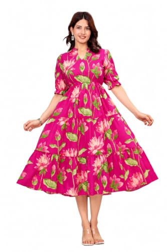 Image of Dress for Women | One Piece for Women | Long Stylish Women Dress Fit & Flare Maxi Dress, Cotton Summer Calf Length Dress