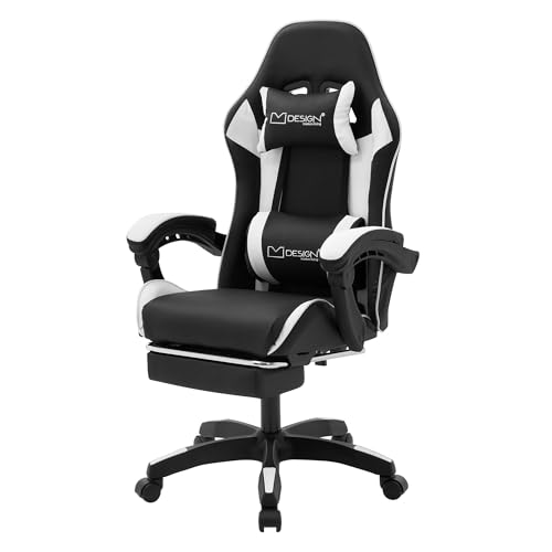 ML-Design Gaming Stuhl mit Fußstütze, Weiß, aus Kunstleder, Ergonomischer Bürostuhl mit Armlehne, Kopfstütze, Lendenkissen, Drehstuhl verstellbar, Racing Gamer Stuhl Schreibtischstuhl Drehsessel