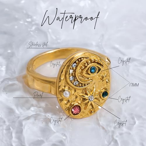 LUVA Moon Star Evil Eye Ring, 18K Gold Plated Stainless Steel Ring, Celestial Gemstone Ring For Women, Statement Ring, Waterproof, Anti Tarnish, Mystic Jewelry2
