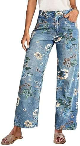 Flamingals Mid-Rise Vintage Floral Straight Leg Pants for Women Summer Casual Denim Pants Mid Blue XL