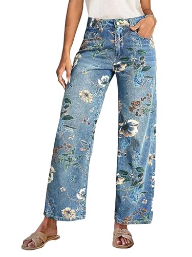 Flamingals High-Rise Vintage Floral Straight Leg Pants for Women Summer Casual Denim Pants