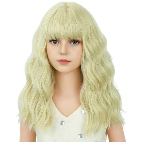 Image of Light Blonde Wig Short Blonde Wavy Curly Wigs Wig with Air Bangs Synthetic Cosplay Hair Wigs