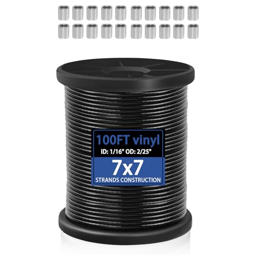 304 Stainless Steel Wire Rope, Black Vinyl Coated, Outdoor Light Guide Wire, Suitable for String Lights, Clotheslines, 1/16 Inch Overmolded to 2/25 Inch 100ft