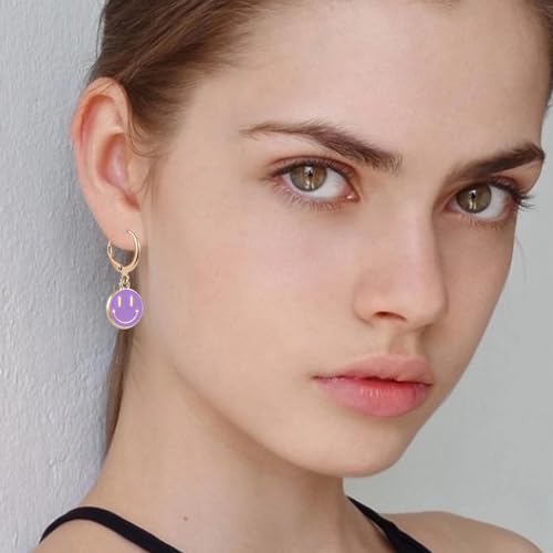 Image of Smiley Face Earrings Huggie Hoop Y2K Preppy Happy Lightning Bolt Heart Star Small Dangle Colorful Gold White Red Pink Yellow Blue Jewelry