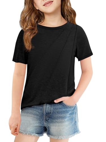 Haloumoning Girls Pleated Short Sleeve T Shirts Kids Summer Fashion Crewneck Tees Tops 5-14 Years