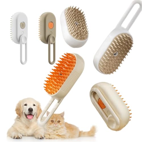 3-in-1 Steam Pet Brush for Cats & Dogs – Self-Cleaning Grooming Comb with Spray Mist, Massage & Shedding, Rechargeable USB, Anti-Static, Foldable Handle – Kakhi