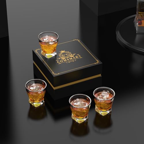Comsmart Whiskey Glass with Luxury Box, 10 oz Crystal Old Fashioned Lowball Rocks Glasses, Gift for Men Drinking Scotch Bourbon Cocktail Liquor Vodka Malt Cognac (4)