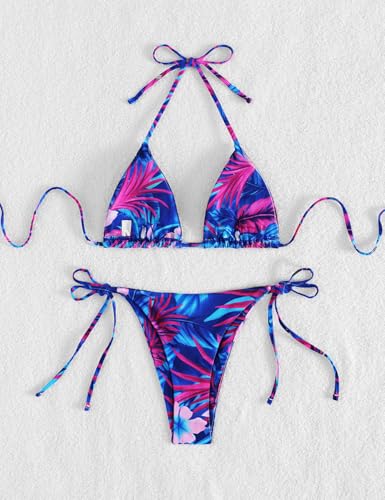 Image of Tainehs Women's Sexy Halter Thong Bikini Tie Two Sides Bottom Triangle Bikini Swimsuits