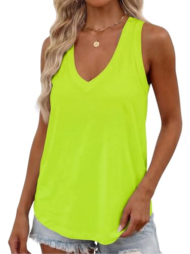 Smile Fish Women Summer Deep V Neck Tank Top Loose Fit Flowy Sleeveless Shirt Cotton Neon Green L