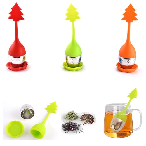 Furforstk infusore per tisane 3 pezzi infusore tè con piattino filtro per tisane, filtro te infusione, manico in silicone, filtro in acciaio inox, filtri te per tè sfusi e spezie (Albero di Natale),B