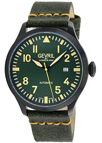 Gevril Men's Stainless Steel Automatic Watch with Leather Strap, Green, 22 (Model: 43506), Black