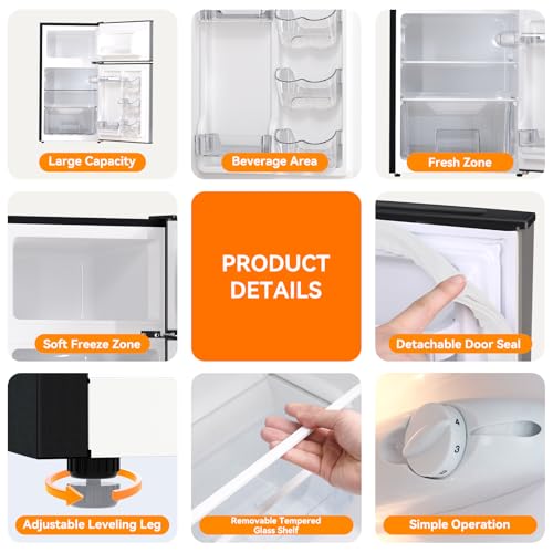 Frestec Mini Fridge with Freezer 3.2 Cu.Ft. 2 Door Refrigerator and Freezer Small Fridge for Bedroom Home Office Dorm, Small Drink Chiller, 37 dB Low Noise, Stainless Steel - Image 5