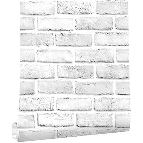 Stone Brick Wallpaper Peel and Stick 3D Effect Blocks Vintage Brick Faux Textured Self-Adhesive Wallpaper Kitchen Cabinets Backsplash Fireplace Laundry Room Accent Wall Decor (Brick White, 45X300cm) Cover