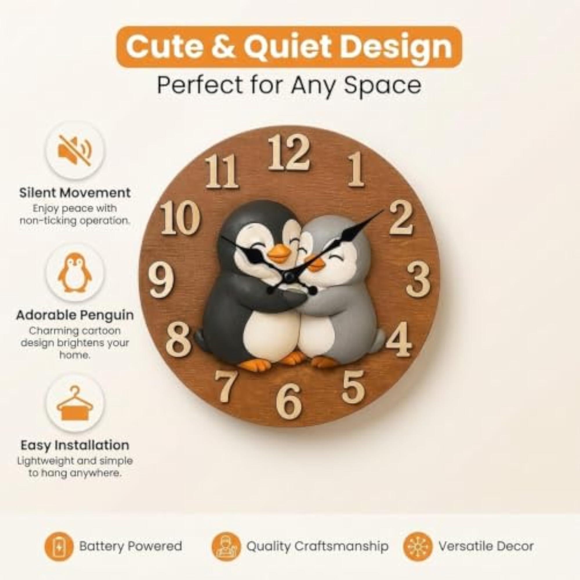 Animal Wall Clock, Adorable Penguin Design