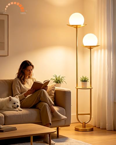 Image of 63IN Globe Floor Lamp with Shelf 2-Lights Modern Dimmable Floor Lamps with 3000K Soft Warm White Bulbs for Wedding /Party, Gold Tall Standing Lamp for Living Room /Bedroom /Home Office