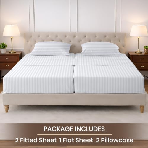 Image of SGI Split King Sheet Set for Adjustable Bed Egyptian Premium Cotton 600 Thread Count Sheets for Sleep Number Bed 15 inch Deep Pocket 5 Pc Set with 2 Twin XL Fitted Sheets Soft Breathable -White Stripe