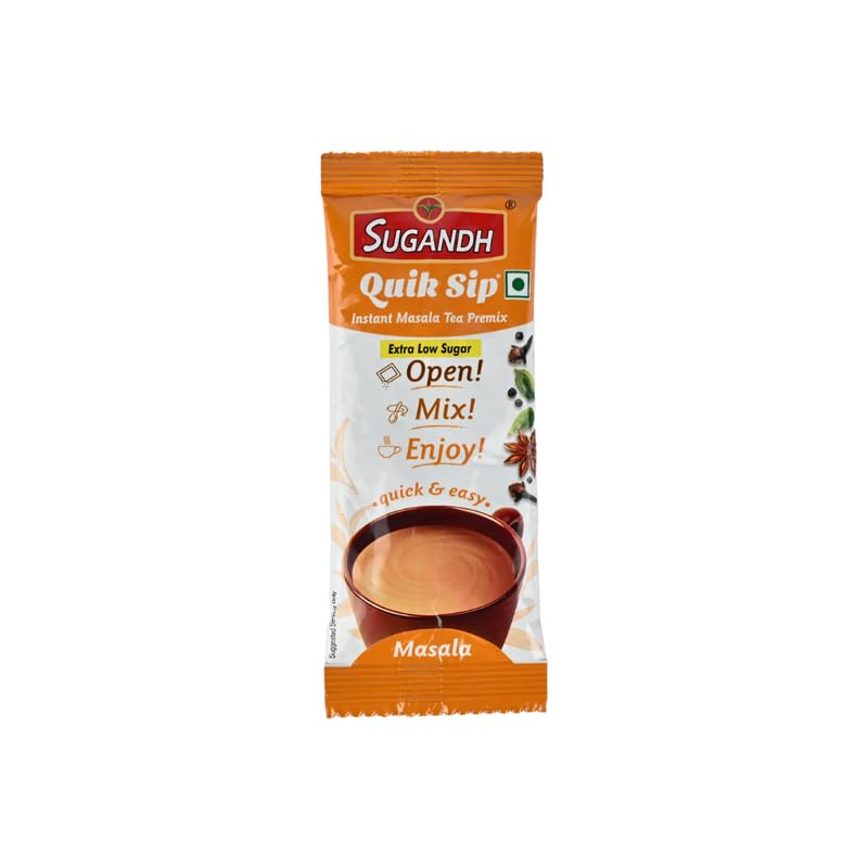 Image of Sugandh Quik Sip Instant Masala Chai Premix Extra Low Sugar (Pack of 2) - Single Serve Sachets - 2 Boxes of 10 Sachets each