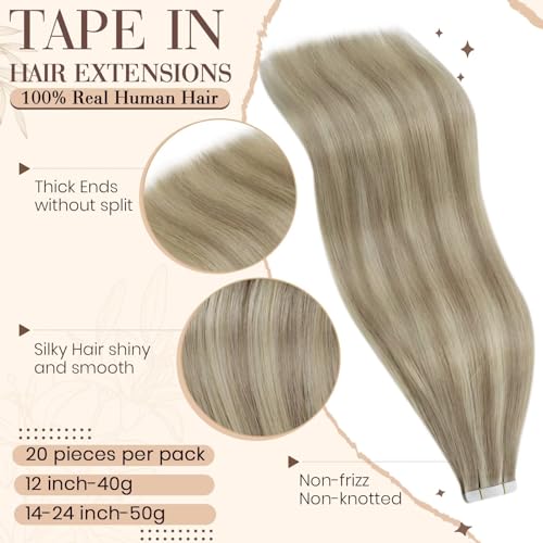 Hetto Tape in Hair Extensions Human Hair Golden Blonde Highlights 22 Inch, Invisible Tape in Human Hair - Image 2