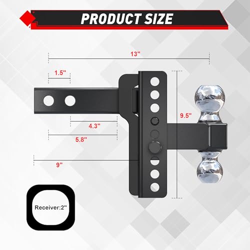 Image of TYT Adjustable Truck Trailer Hitch for 2 inch Receiver, 6 inch Drop /Rise Tow Hitch with Dual Balls (2 inch & 2-5 /16 inch), Compatible with Heavy-Duty Trailer Systems up to 20,000 lbs, Includes Hitch Tightener