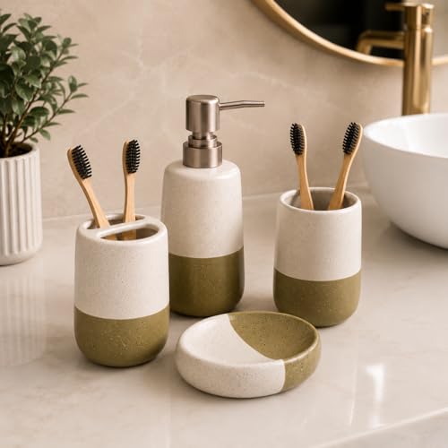 Image of Market99 Ceramic Bathroom Set Matte White and Green with Sophisticated Two-Tone Design, Includes Soap Dispenser, Tumbler, Toothbrush Holder, and Soap Dish for Coordinated Bathroom Style, 350ML