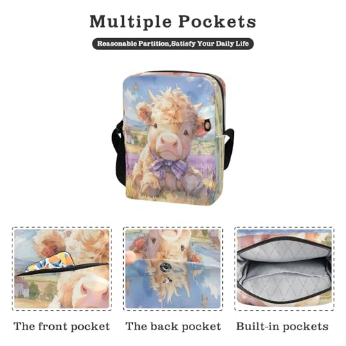 Lovely Brown Scottish Highland Cattle with Lavender men's messenger bag shoulder bag men Casual Purse Adjustable Strap for Casual Outdoor Daily2