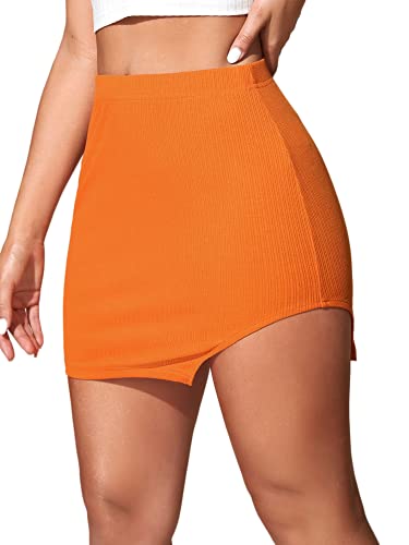 SheIn Women s Ribbed-Knit Stretchy Short Mini Pencil Bodycon Skirt Orange Medium