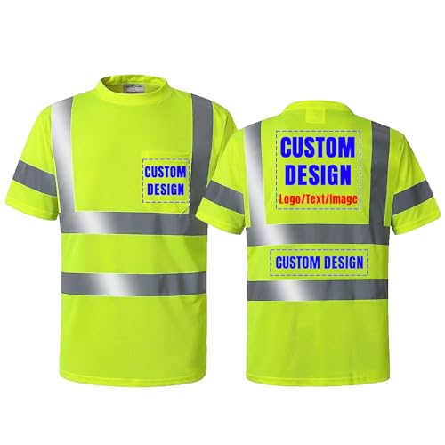 Custom Logo High Visibility Safety Shirts ANSI Class 3 Standard Personalized Reflective Work Shirts for Men(Yellow-Shortsleeve,X-Large)