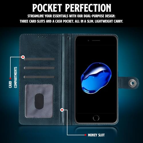Image of WOW IMAGINE Shock Proof Flip Cover Back Case for Apple iPhone 7 Plus | 8 Plus (Designer Magnetic Button Flip Case | Inbuilt Wallet Pockets & Stand | Leather Finish | Oxford Blue)