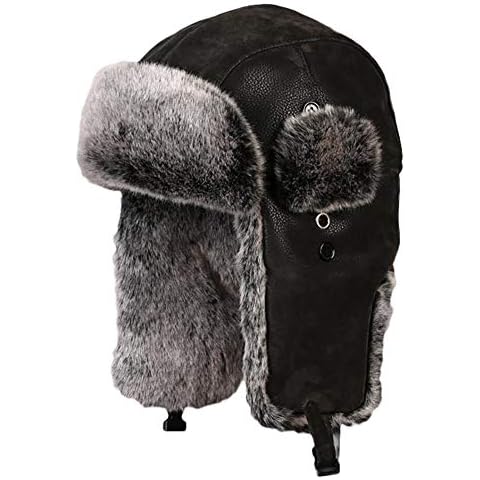 Cozomiz Kunstleder Wintermütze Warme Fliegermütze with Ohrenschützer für Herren Damen Fellmütze Kunstfell Russenmütze Pilotenmütze Hut Trappermütze für Ski Outdoor Schwarz mit Grau Kunstpelz X-Large Cover