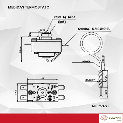 Miniatura 3 de Goldman Service Termostato De Seguridad Para Termo Calentador De Agua Eléctrico Activación Automática A 93 C Bulbo Sonda 500mm Fácil Rearme Manual
