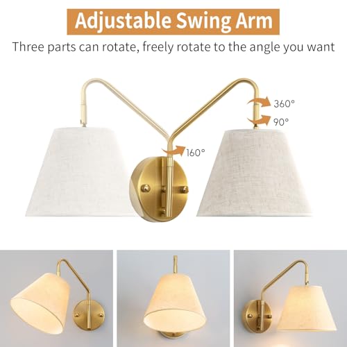 Image of Gold Wireless Wall Sconces Set of Two, Swing Arm Battery Wall Sconce, Battery Operated Wall Sconce with Remote, Battery Sconces with Linen Lampshade, Rechargeable Wall Lights for Living Room